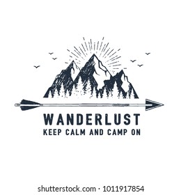 Hand drawn travel badge with mountains textured vector illustration and 