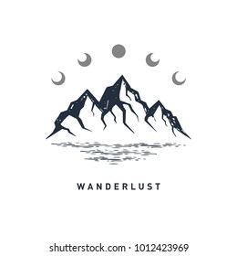 Hand drawn travel badge with mountains textured vector illustration and "Wanderlust" inspirational lettering.