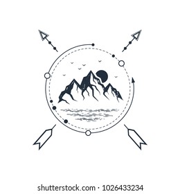 Hand drawn travel badge with mountains textured vector illustration.