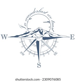 Hand drawn travel badge with mountains silhouette, compass and lettering "In wanderlust we trust". Wanderlust. Adventure. Vector isolated illustration for t-shirt design, posters, stickers, tatoo
