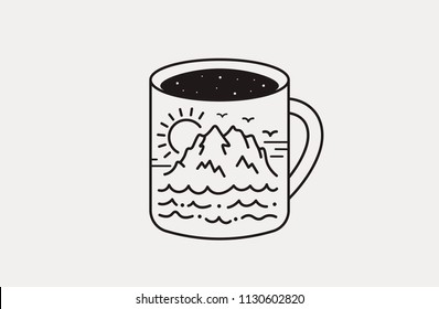 Hand drawn travel badge mug art. Sea, mountains, sun and clouds. Travel concept. T-shirt design.