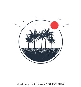 Hand drawn travel badge with palm trees textured vector illustration.