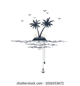 Hand drawn travel badge with palm trees textured vector illustration.