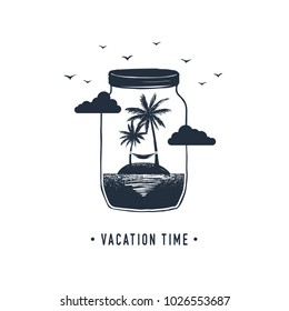 Hand drawn travel badge with palm trees in a jar textured vector illustration and " Vacation time" inspirational lettering.