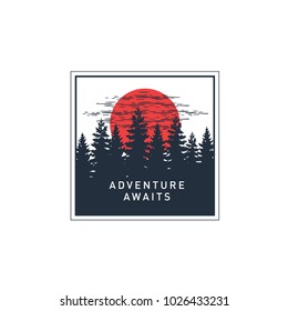 Hand drawn travel badge with pine trees at the sunset textured vector illustration and "Adventure awaits" inspirational lettering.