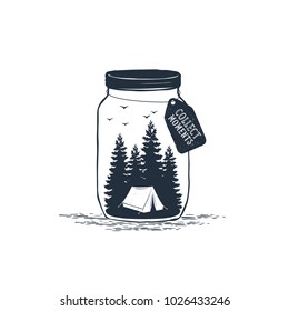 Hand drawn travel badge with pine trees in a jar textured vector illustration and "Collect moments" inspirational lettering.