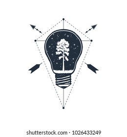 Hand drawn travel badge with pine in a bulb textured vector illustration.
