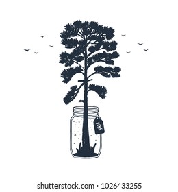 Hand drawn travel badge with pine in a jar textured vector illustration.