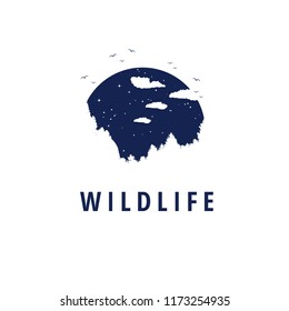 Hand drawn travel badge with pine trees textured vector illustration