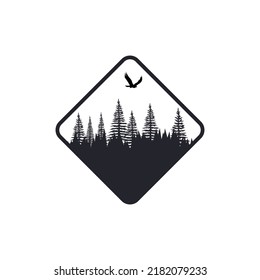 Hand drawn travel badge with pine trees textured vector illustration and "Wanderlust" inspirational lettering.