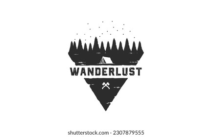 Hand drawn travel badge with pine trees textured vector illustration and "Wanderlust" inspirational lettering.