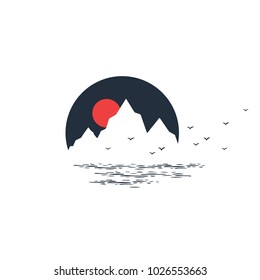 Hand drawn travel badge with sunset in the mountains textured vector illustration.