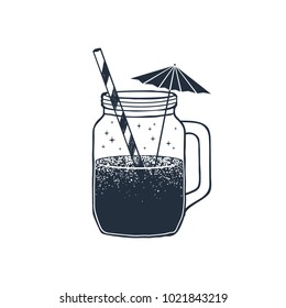 Hand drawn travel badge with tropical cocktail textured vector illustration.