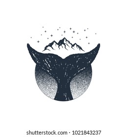 Hand drawn travel badge with whale's tail textured vector illustration.