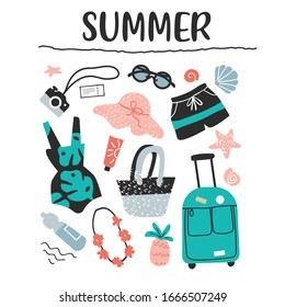 Handgezeichnete Reisetasche, Schwimmanzug, Kamera, Hut, kurze Hosen, Sonnenbrille, Tote, Wasser, Muschel. Urlaub, Abenteuer, Reise, Tourismus, Sommerdoodle Illustration. Abstrakte Skizze Clipart. Flache Vektorillustration Kunst.