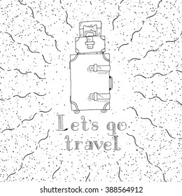 Hand drawn travel bags and lettering Let`s go travel. Vintage travel bag vector. Hand drawn inky travel accessories on dots background. Illustration for design, posters, advertising, etc.