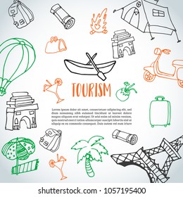 Hand drawn travel doodle background. Tourism and summer sketch with travelling elements: baggage, Eiffel Tower, beach cocktail, camp.
