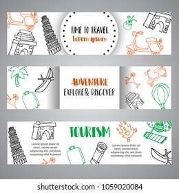 Hand drawn travel doodle banners. Tourism and summer sketch with travelling elements: baggage, Eiffel Tower, beach cocktail, camp.