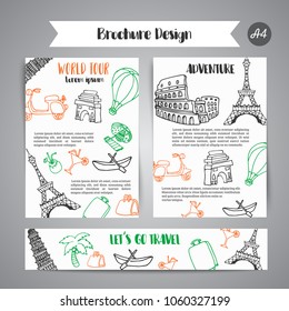 Hand drawn travel doodle banners. Tourism and summer sketch with travelling elements: baggage, Eiffel Tower, beach cocktail, camp.