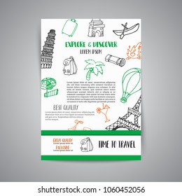 Hand drawn travel doodle card. Tourism and summer sketch with travelling elements: baggage, Eiffel Tower, beach cocktail, camp.
