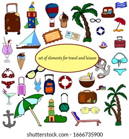 Hand drawn travel doodle colorful set. Vector illustration Tourism and summer sketch with travel elements: bikini, sunglasses, cocktail, ticket, suitcases. Printable sketch on a white background.