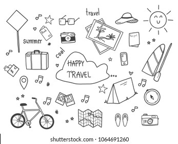 Hand drawn of Travel doodle set and collection concept. Vector illustration design, tourism and summer sketch with travelling elements.