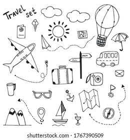 Hand drawn travel doodle set. Travel sketch with travel items. Transport and goods for the way
isolated on white. Vector illustration