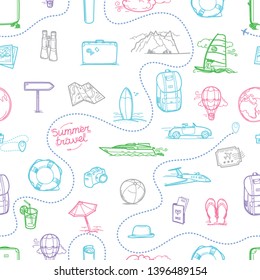 Hand drawn travel doodles seamless vector background