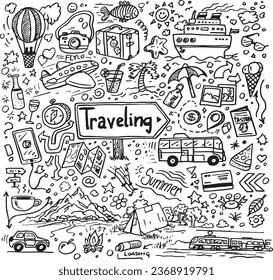 Hand drawn travel doodles, vector illustration on white paper