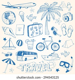 Hand drawn travel doodles vector illustration set