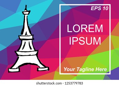 Hand Drawn Travel Eiffel Tower Paris Background Template Geometric Polygon With Colorful Rainbow Colors. Vector Illustration EPS10