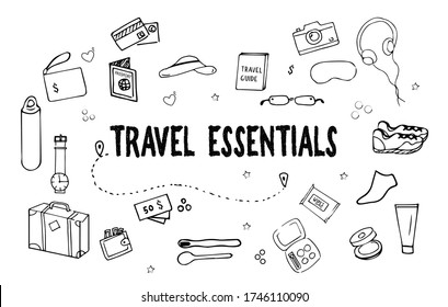 Hand drawn travel essential vector in doodle style white background. Overhead view of essential things for packing. Travel accessories doodle icon set.