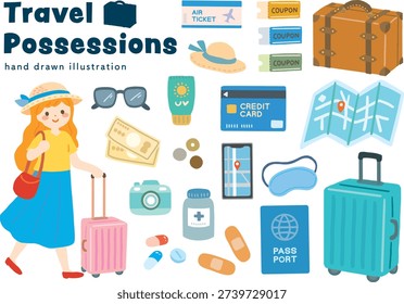 Hand drawn travel essentials illustration set