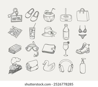 Hand drawn travel essentials outline illustrations. Featuring key travel items such as luggage, drinks, and accessories in a simple, sketchy style. Ideal for travel blogs or brochures designs.