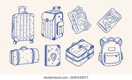 Hand Drawn Travel Essentials Packing Guide A Charming Vector Illustration of Luggage Maps and Other Trip Necessities