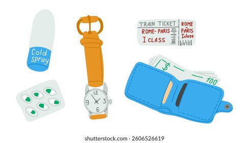 Hand drawn travel essentials set with watch, wallet, medicine, train ticket and cold spray. Concept of personal belongings and must-have items for a journey or vacation