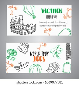 Hand drawn travel gift certificate banners. Tourism and summer sketch voucher with travelling elements baggage, Eiffel Tower, beach cocktail, camp.