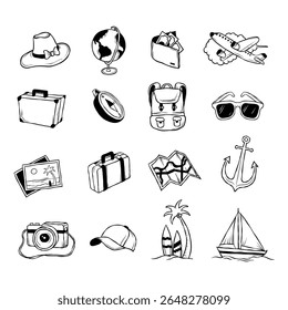 Hand drawn travel icon set: summer, vacation, beach, transport, camera, and adventure gear.