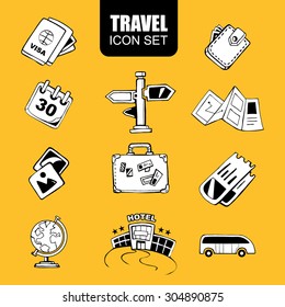 hand drawn travel icon set isolate on yellow background