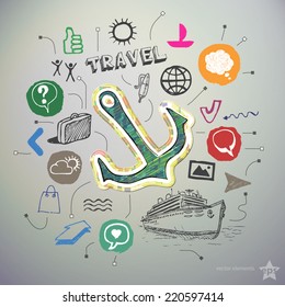 Hand drawn travel icons set and sticker with anchor