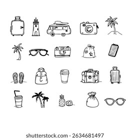 Hand Drawn Travel Icons Set with Luggage Camera Palm Tree and Vacation Essentials