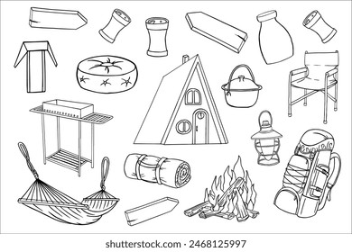 Hand drawn travel illustration. Outdoor camping doodle set. Glamping is a comfortable holiday. Gear for wild adventures. Simple vector doodle collection of campfire, tent, house, summer nights and