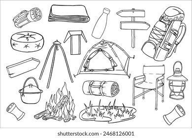 Hand drawn travel illustration. Outdoor camping doodle set. Glamping is a comfortable holiday. Gear for wild adventures. Simple vector doodle collection of campfire, tent, house, summer nights and