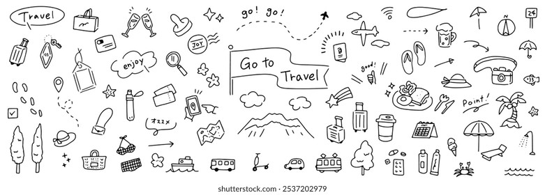 Hand drawn travel illustrations. Fun and cute set of illustrations. Summer vacations, beaches, shopping, dining and transportation.