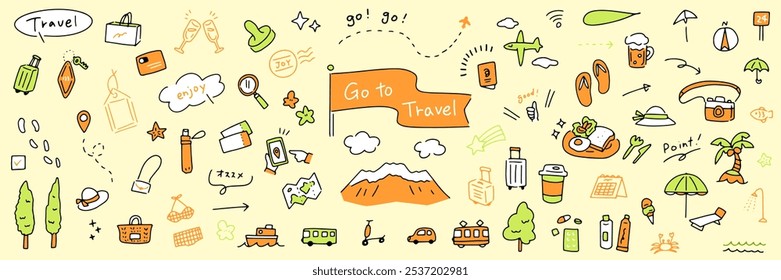 Hand drawn travel illustrations. Fun and cute set of illustrations. Summer vacations, beaches, shopping, dining and transportation.