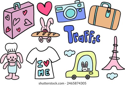 Hand drawn travel illustrations such as luggage, bag, camera, souvenir, car, Eiffel Tower, bunny doll for trip, vacation, journey, holidays, stickers, logo, icon, post card, decoration, cute patches