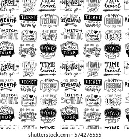 Hand drawn travel lettering. Drawing by hand. Typography illustration. Seamless pattern.