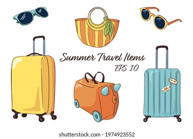 Hand Drawn Travel Luggage Isolated Items Collection. Line drawing vector tourism attributes colorful illustration illustration. Yellow and Blue Suitcases, child suitcase, woman striped bag, sunglasses