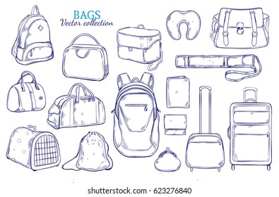 Hand drawn travel luggage set with baggage suitcases backpack purse tube animal crate bags pillow isolated vector illustration
