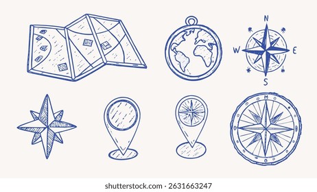 Hand drawn travel navigation elements maps compass arrows and other travel icons for design projects